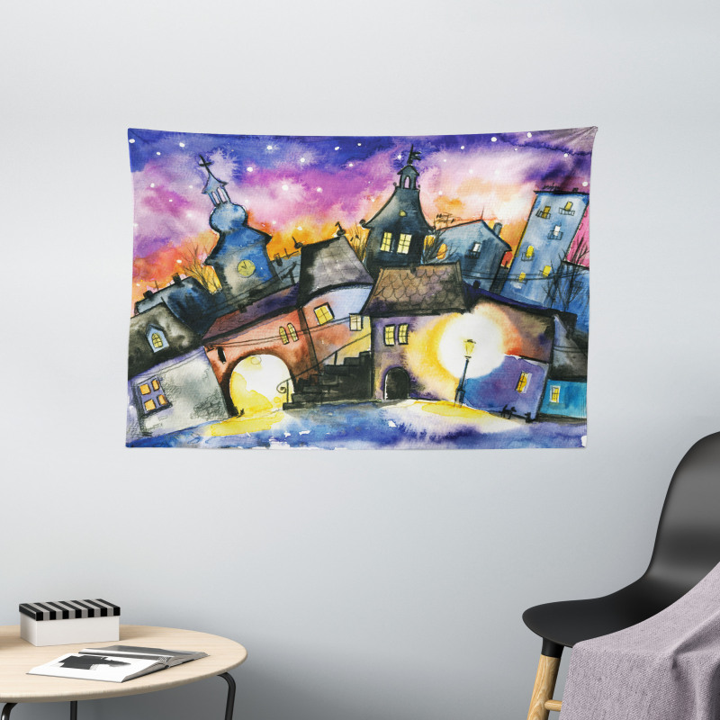 Town Night Watercolor Wide Tapestry