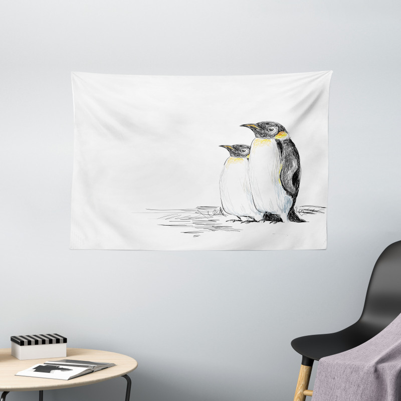 Hand Drawn Penguins Art Wide Tapestry
