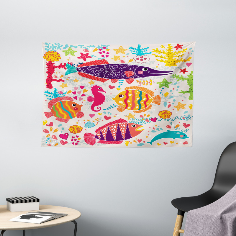 Cartoon Underwater Fish Wide Tapestry