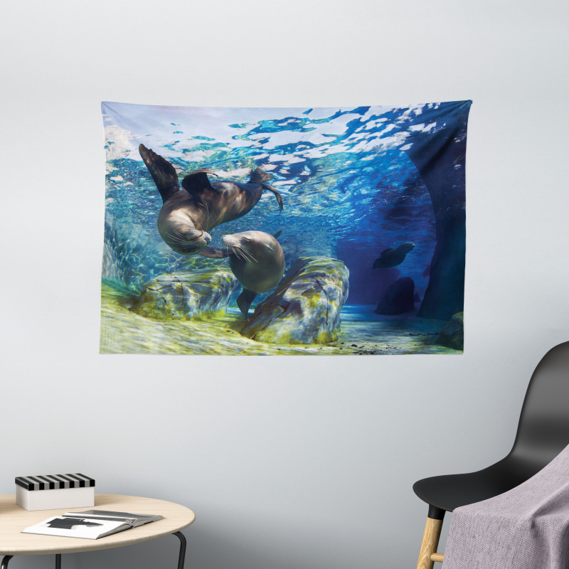 Playful Sea Lions Wide Tapestry