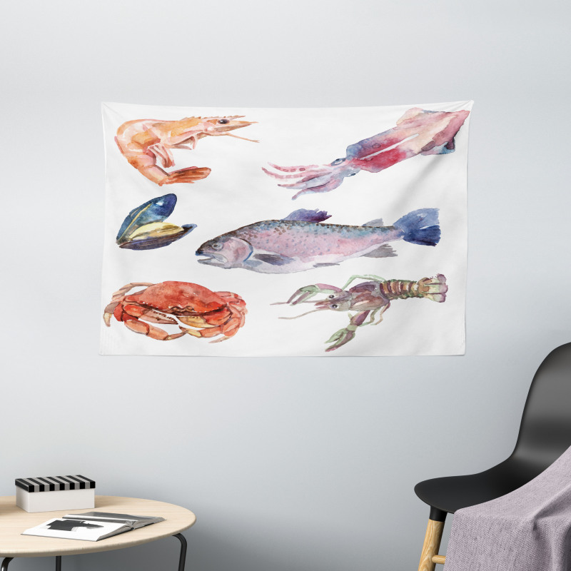 Sea Animals Watercolor Wide Tapestry