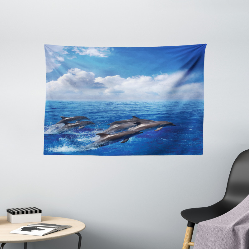 Jumping Dolphins in Sky Wide Tapestry