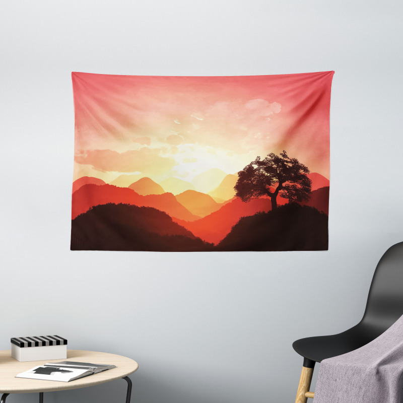 Sunset Tree Mountains Wide Tapestry