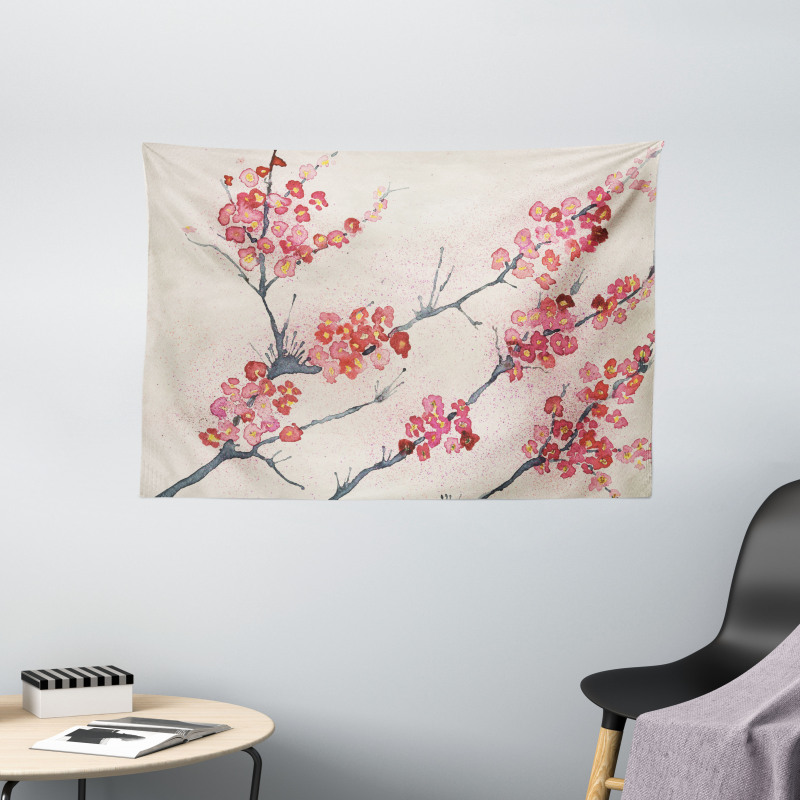 Vintage Sakura Flowers Wide Tapestry