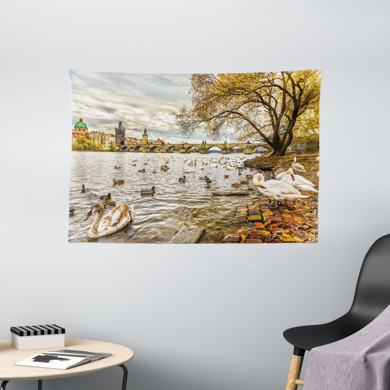 Swimming Swans in River Wide Tapestry