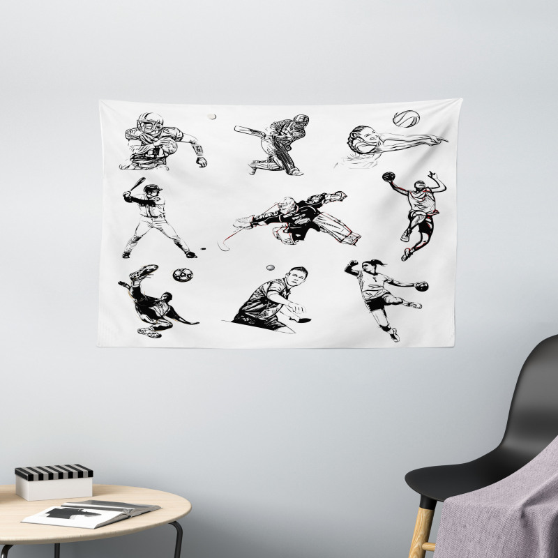 Sports Theme Sketch Wide Tapestry