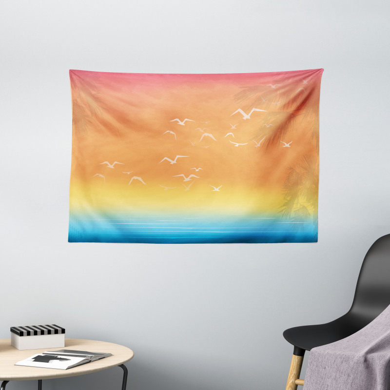 Seagull Palm Trees Sun Wide Tapestry