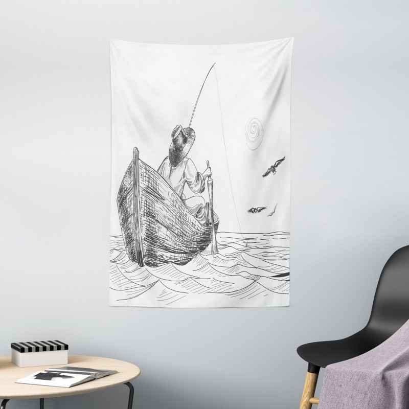 Fisherman on Boat Sketch Tapestry