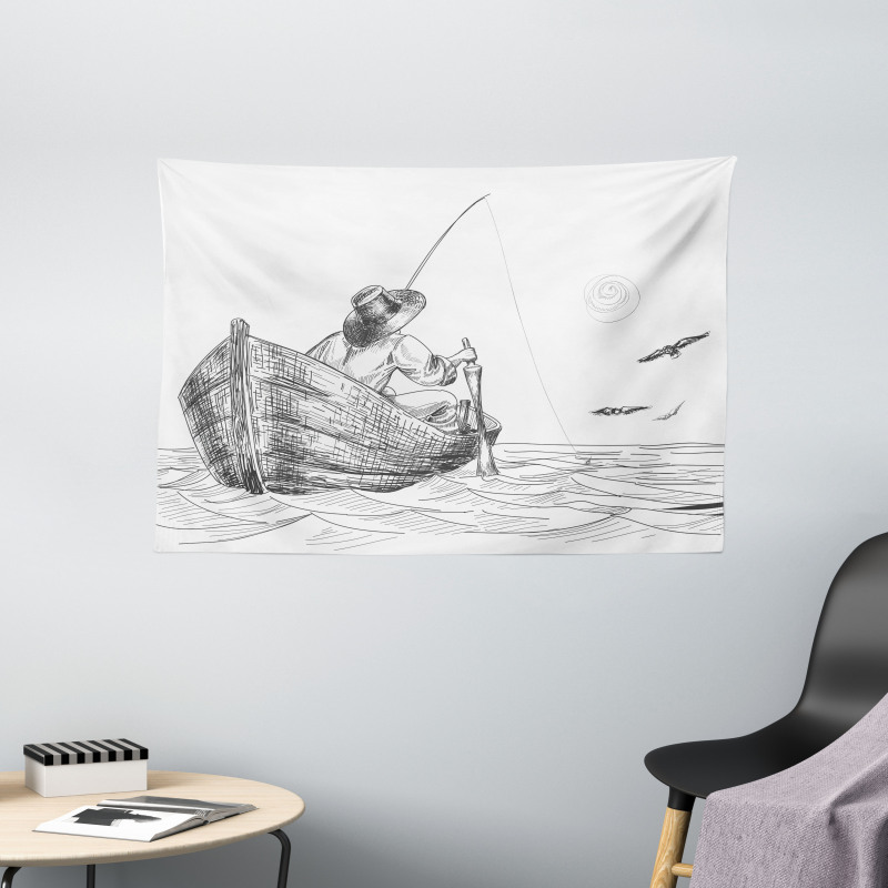 Fisherman on Boat Sketch Wide Tapestry