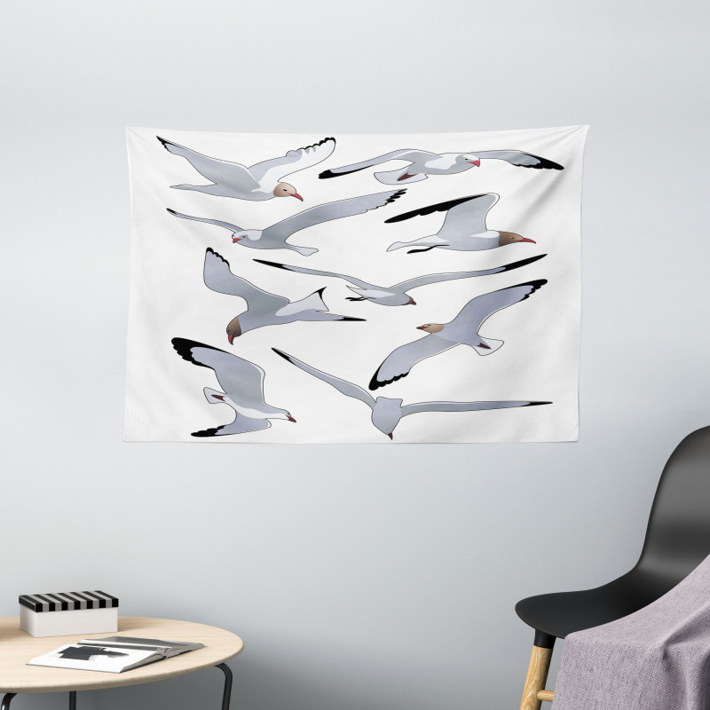 Flying Seagulls Cartoon Wide Tapestry