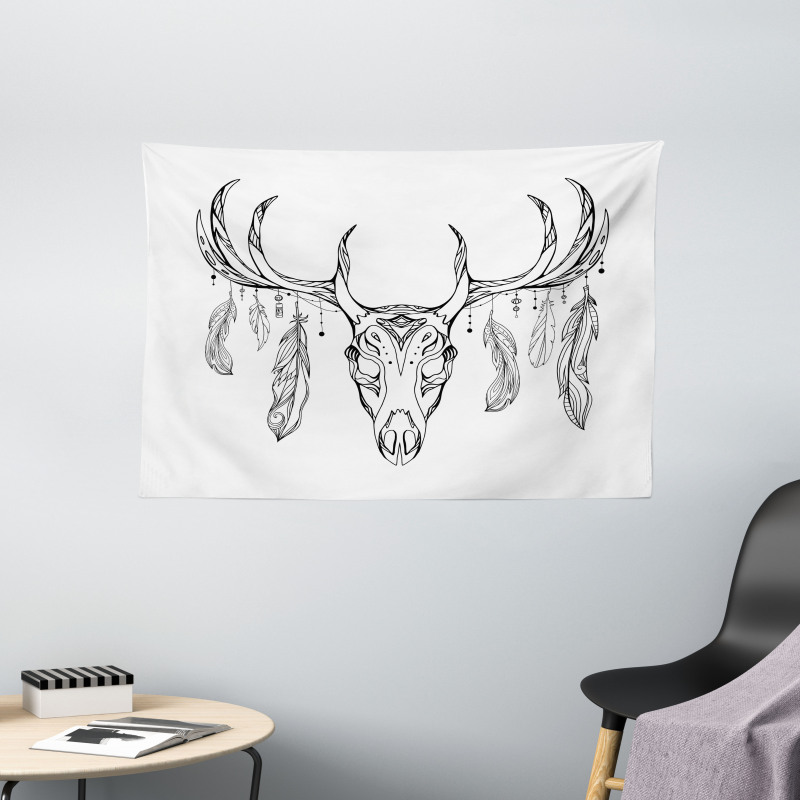 Skull with Antler Feather Wide Tapestry