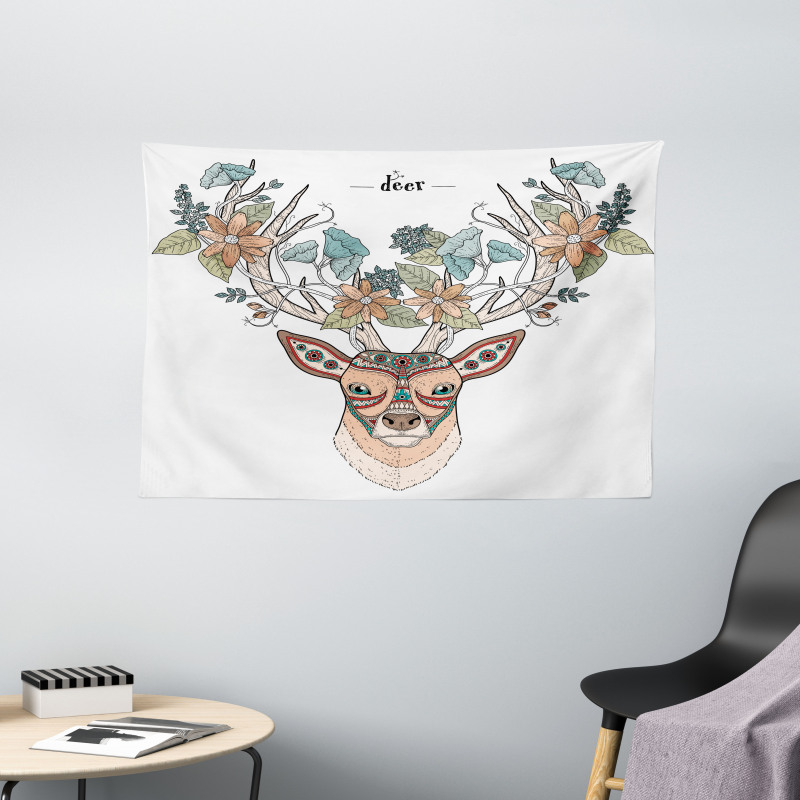 Deer Head Floral Ethnic Wide Tapestry