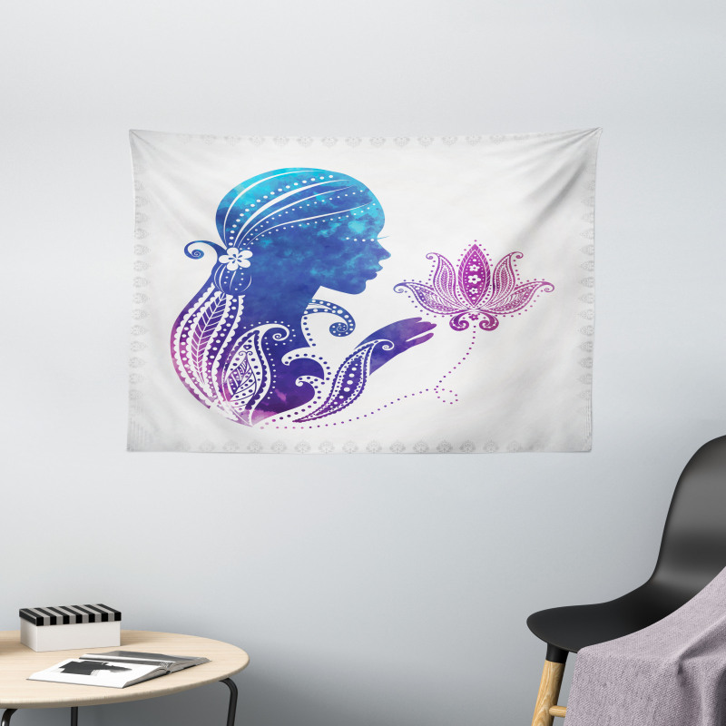Lady with Floral Hair Wide Tapestry