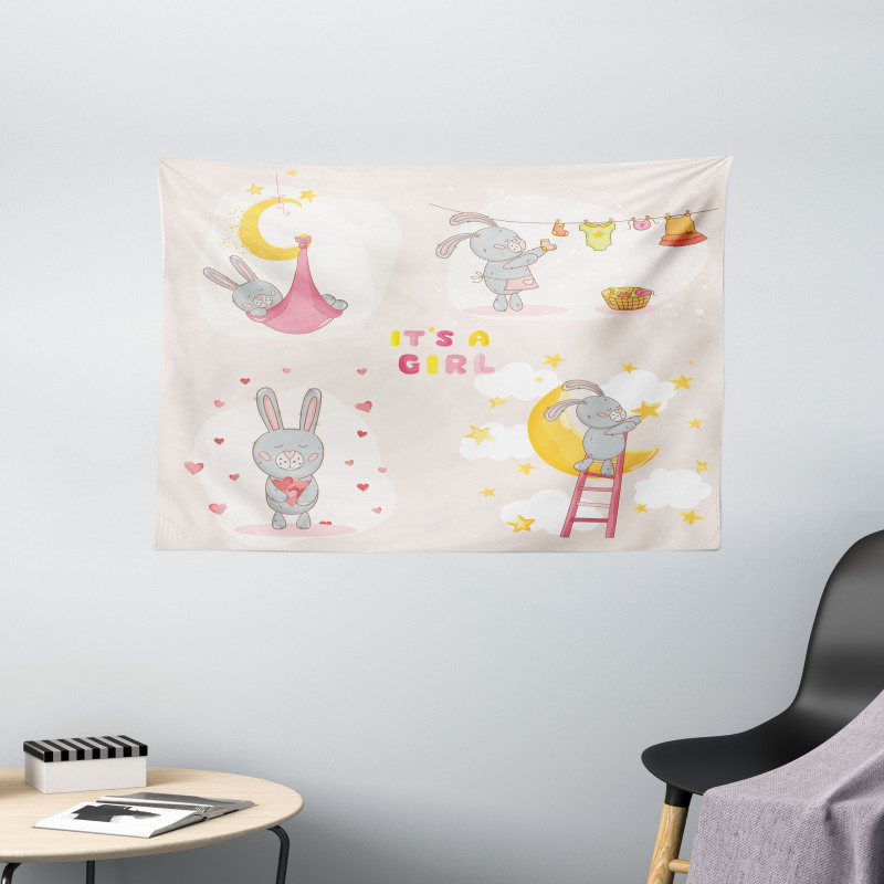 Bunny Baby Love Moon Wide Tapestry