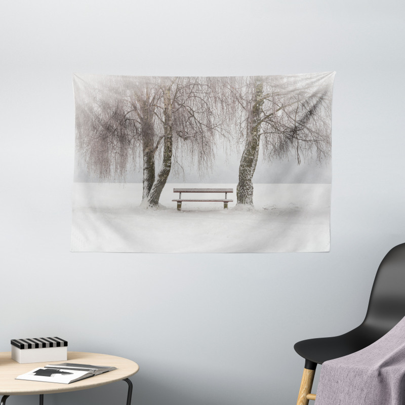 Bench Trees Snowflakes Wide Tapestry