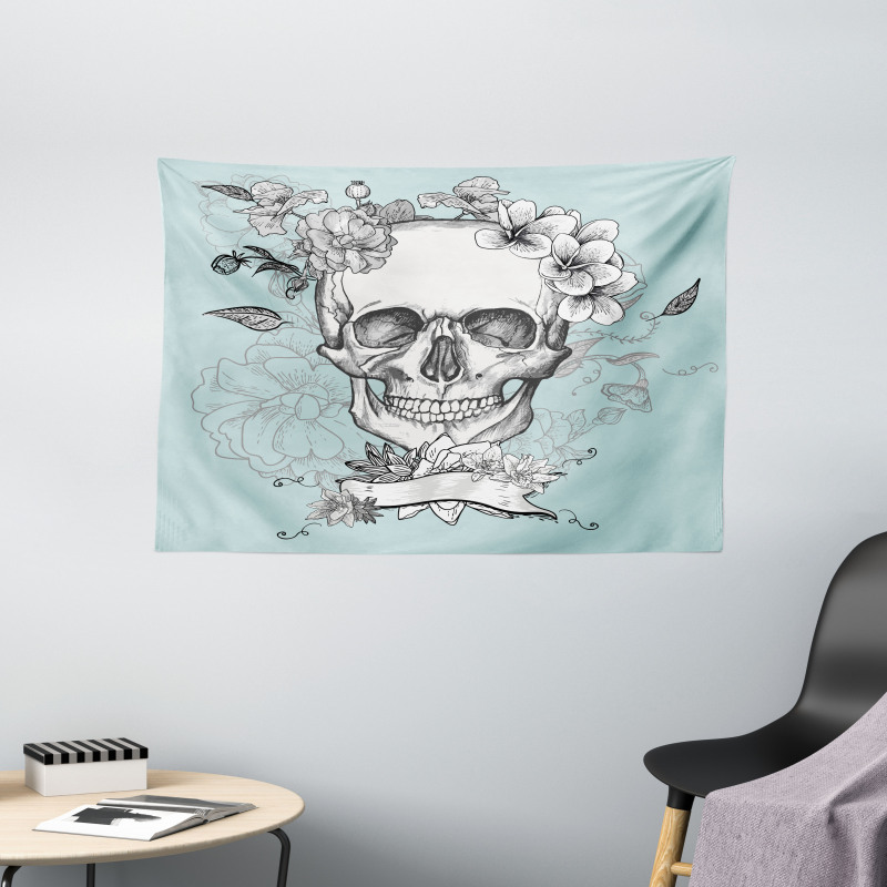 Skull and Flowers Wide Tapestry