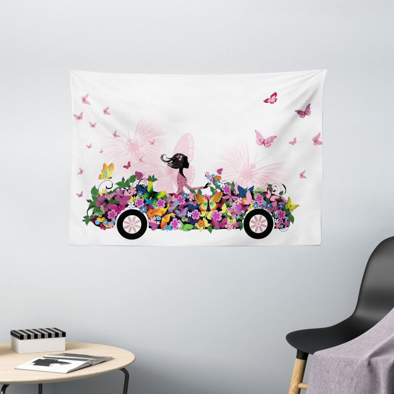 Floral Car Butterflies Wide Tapestry