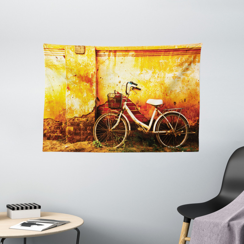 Bike Rusty Cracked Wall Wide Tapestry