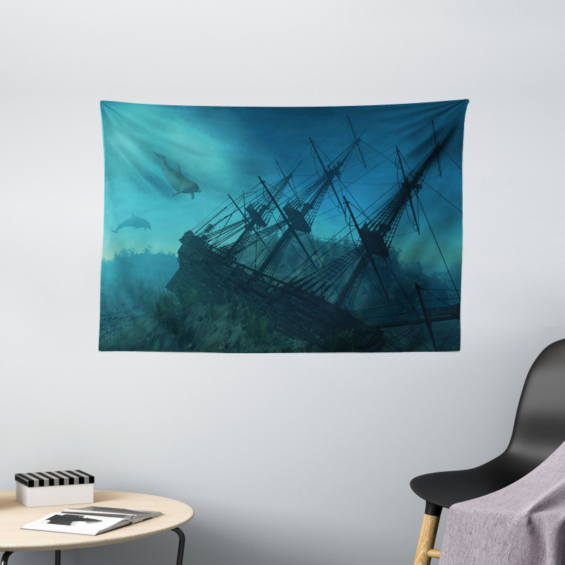Dolphins Ship Sea Wide Tapestry