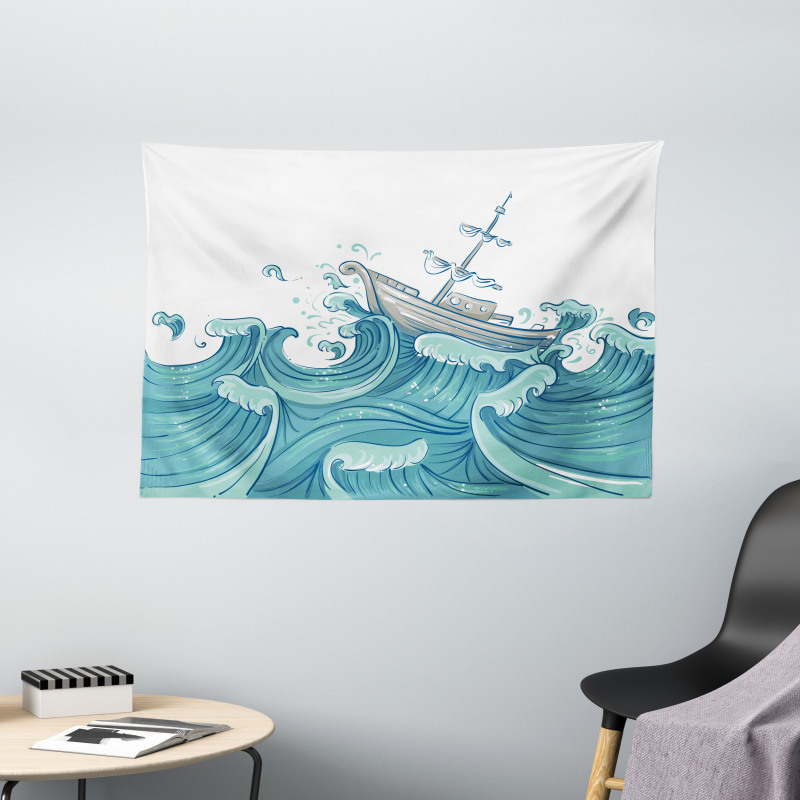 Ship and Ocean Waves Wide Tapestry