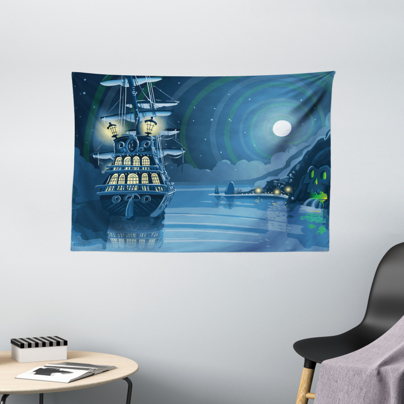 Cartoon Pirate Ship Moon Wide Tapestry