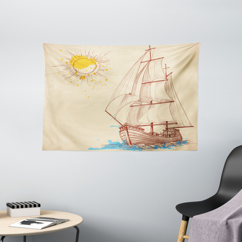 Boat in Windy Sea Sun Wide Tapestry