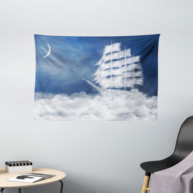 Clouds Ship in Sky Wide Tapestry