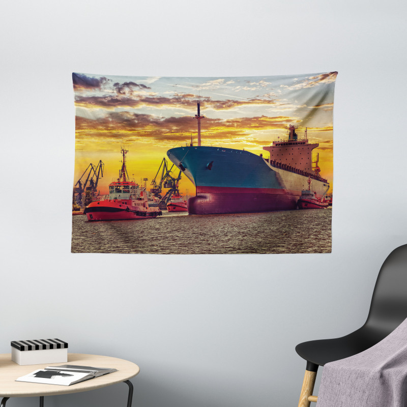 Big Ship at Sunset Wide Tapestry