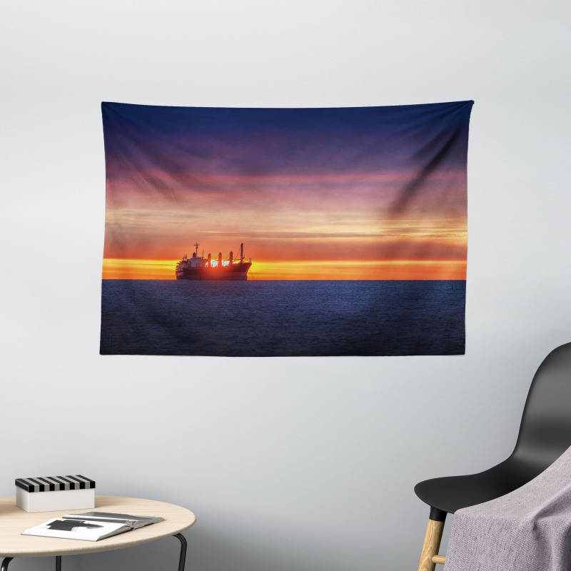 Sunrise over Sea Ship Wide Tapestry