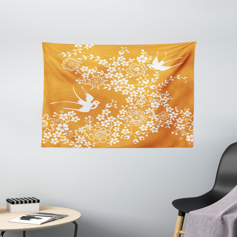 Japanese Tree Birds Art Wide Tapestry