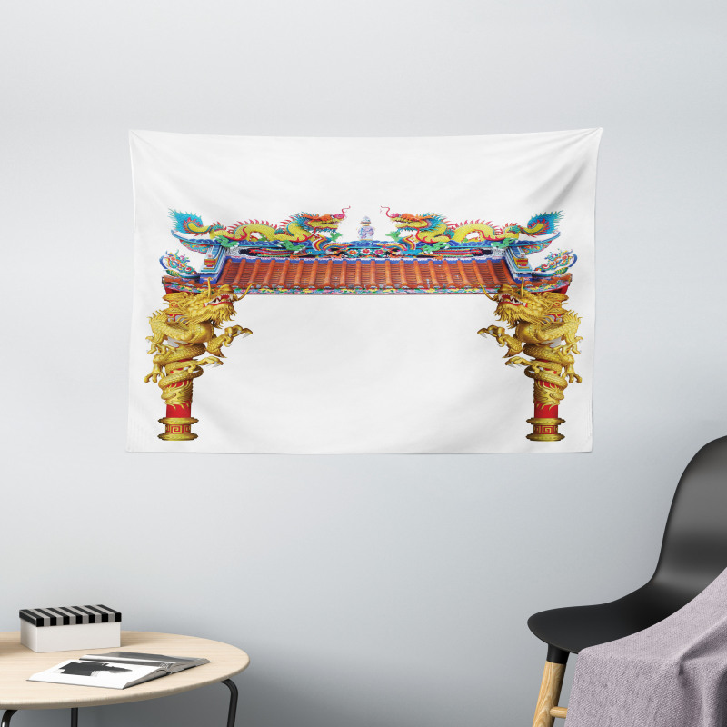 Eastern Building and Dragon Wide Tapestry
