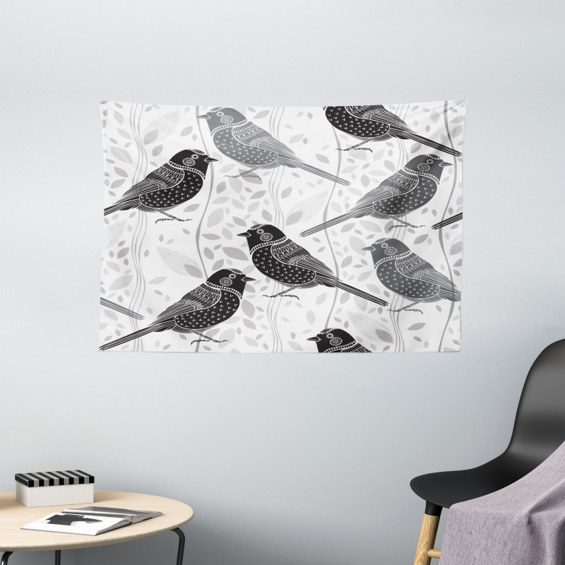 Birds and Floral Patterns Wide Tapestry