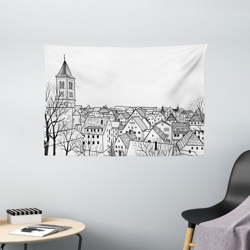 Sketch Style Cityscape Wide Tapestry