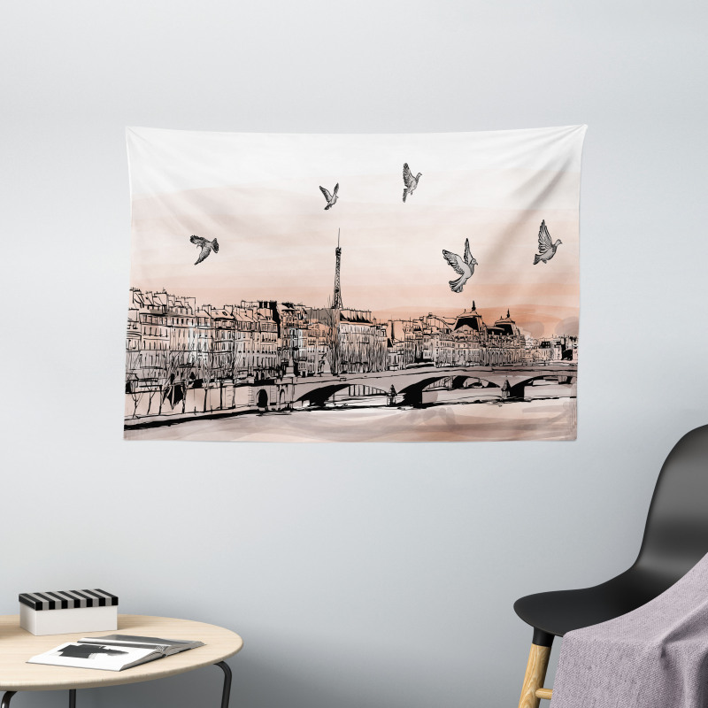 Sketch of Eiffel Tower Wide Tapestry