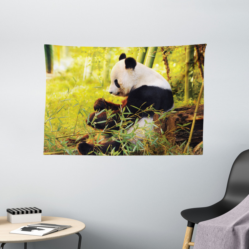 Panda Sitting in Forest Wide Tapestry