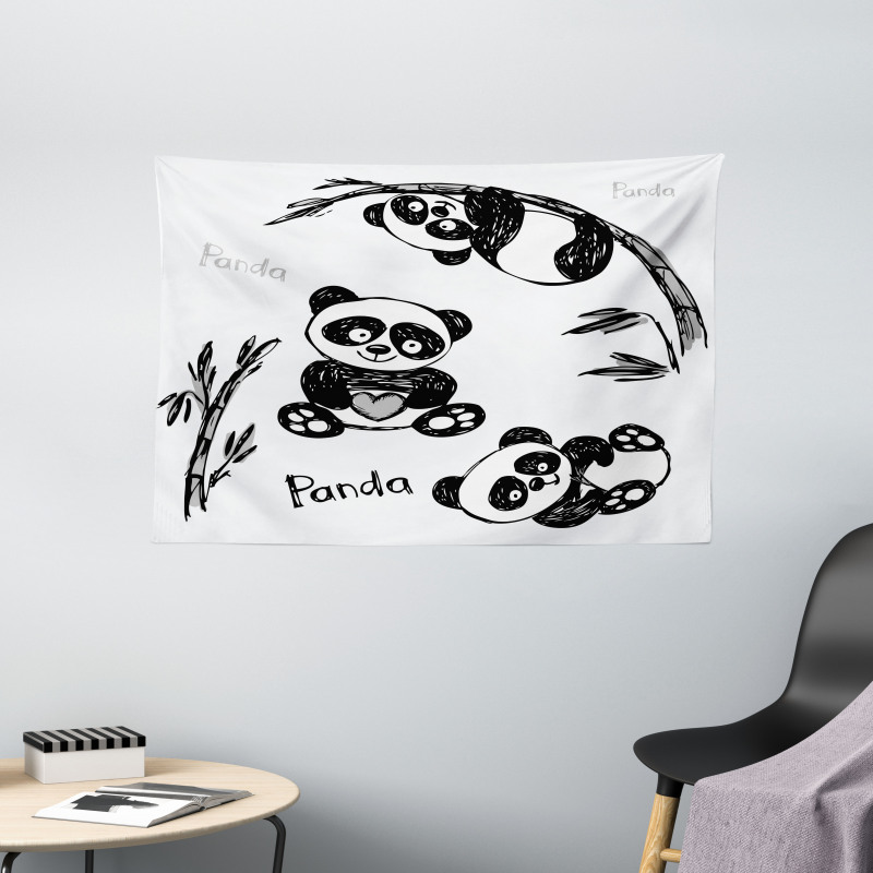 Hand Drawn Panda Poses Wide Tapestry