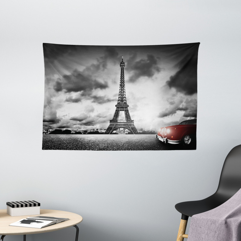 Eiffel Tower Cloudy Day Wide Tapestry