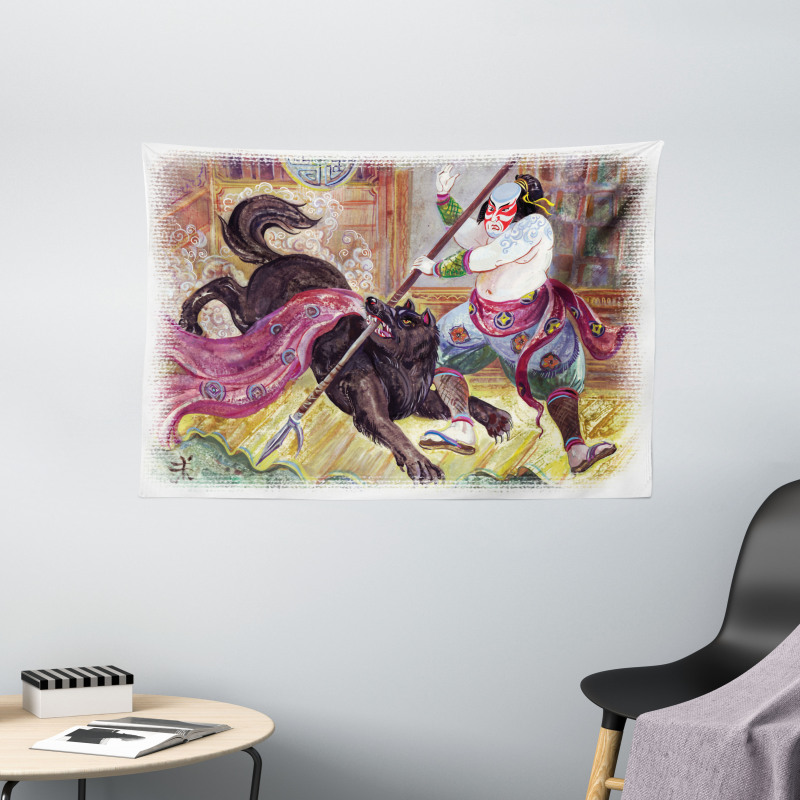 Brave Samurai and Wolf Wide Tapestry