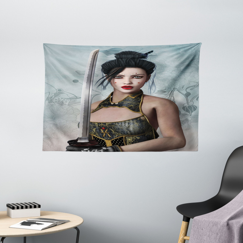 Asian Lady Samurai Wide Tapestry