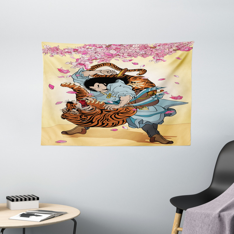 Samurai and Tiger Wide Tapestry