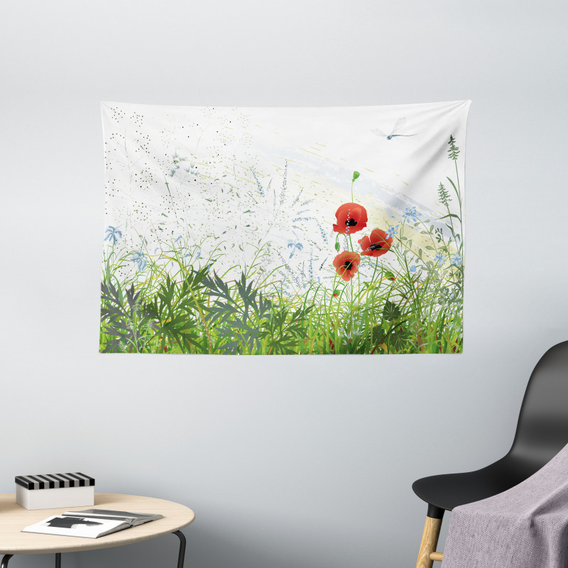 Red Poppies Dragonfly Wide Tapestry