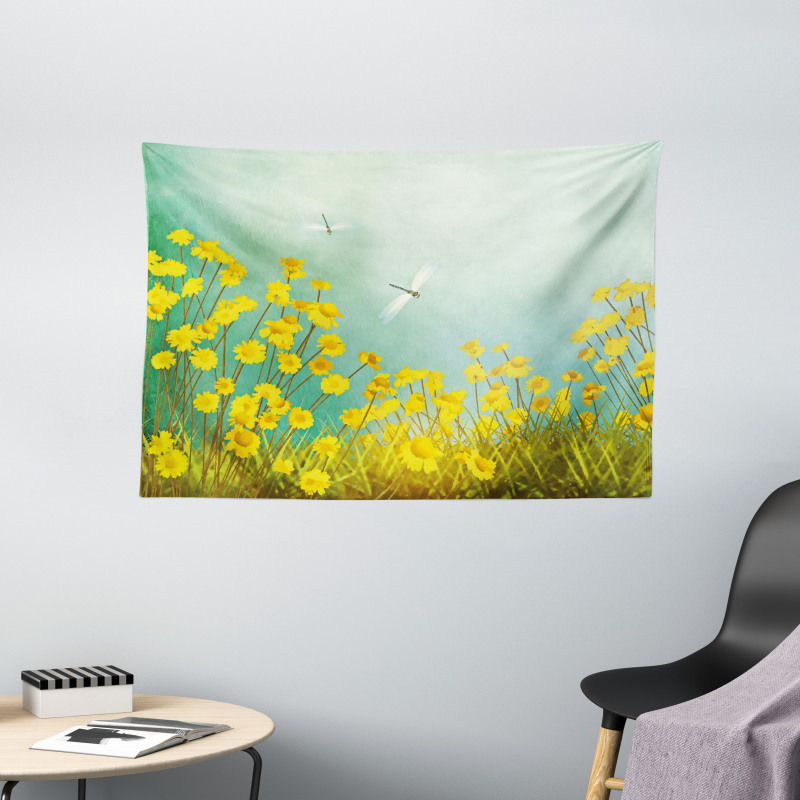 Daisies and Dragonflies Wide Tapestry