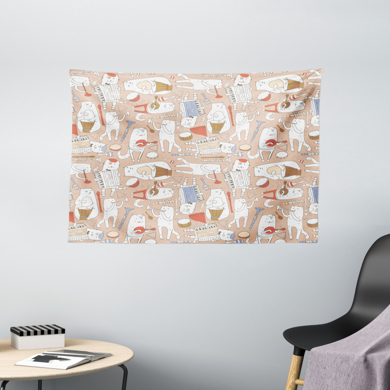 Musician Cats Cartoon Wide Tapestry