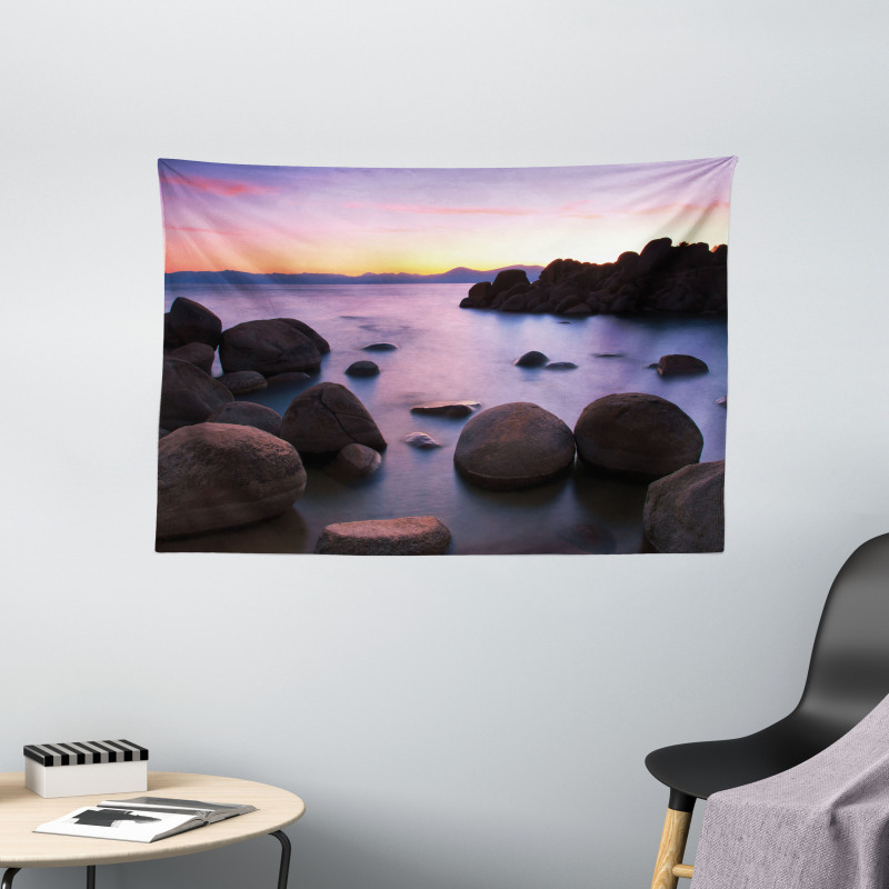 Misty Scene Rocks Water Wide Tapestry