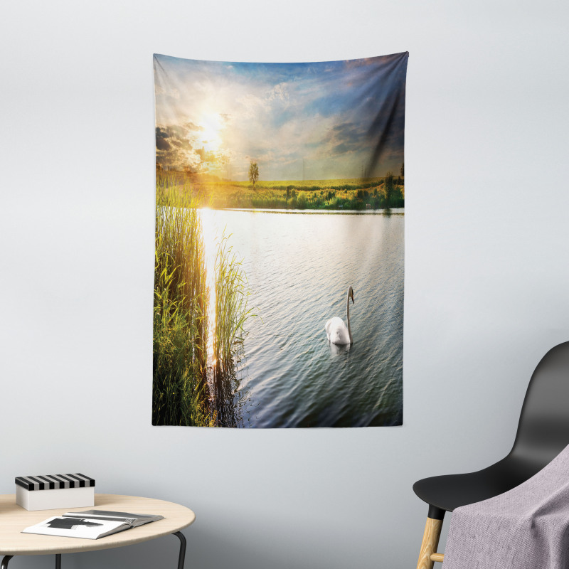 Swan in River at Dawn Photo Tapestry