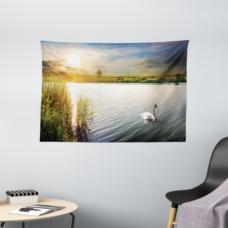 Swan in River at Dawn Photo Wide Tapestry