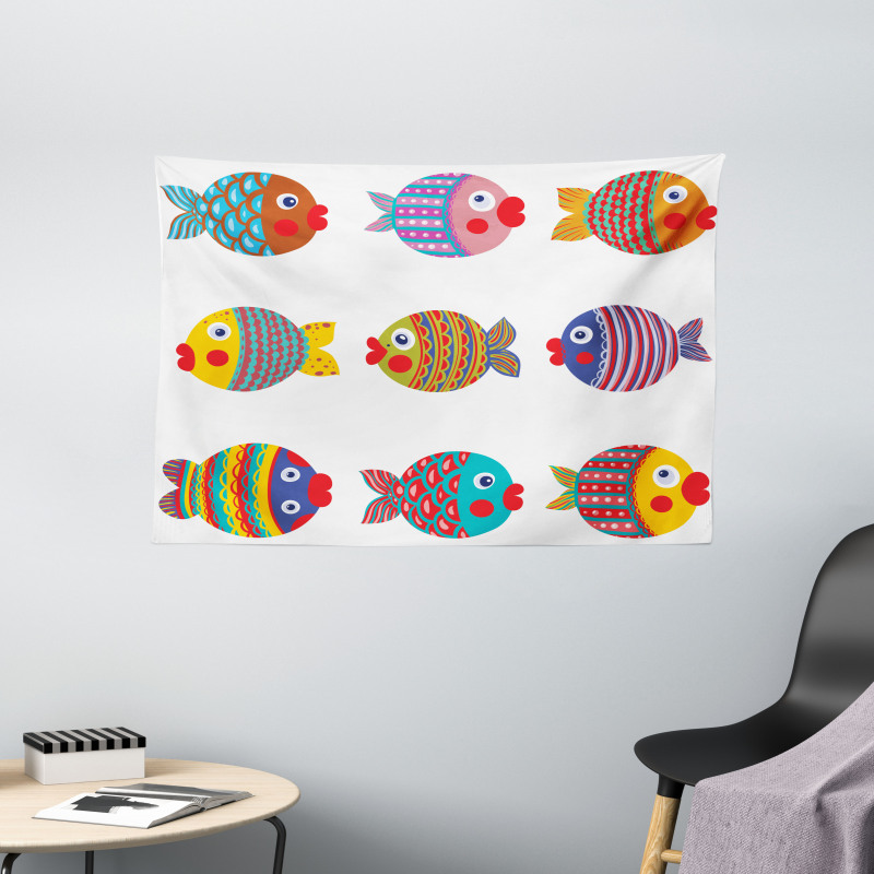 Folkloric Fish Family Wide Tapestry