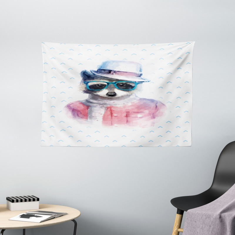 Retro Hipster Raccoon Wide Tapestry