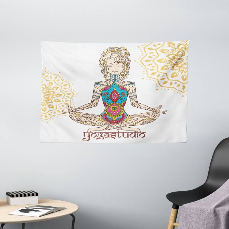 Meditating Girl Mandala Wide Tapestry