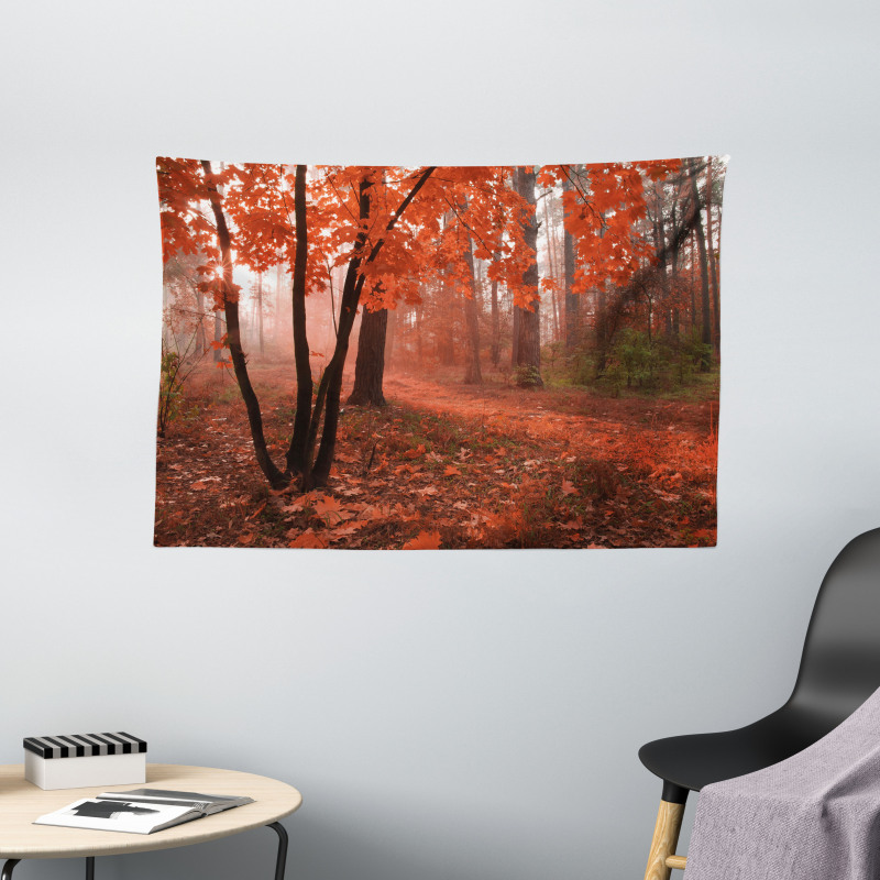 Misty Forest Leaves Orange Wide Tapestry